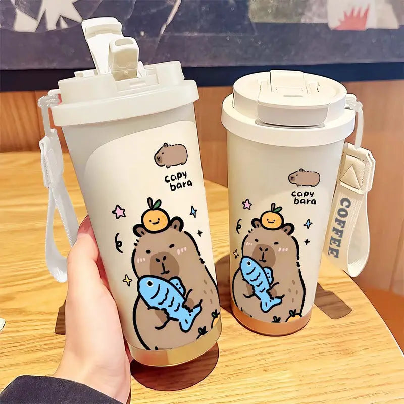 Bella N Bloom Insulated Coffee Mug Bottle with Straw Lid, Cute Capybara Design, Leakproof, Stainless Steel Inner, Carry Strap, 400 ml