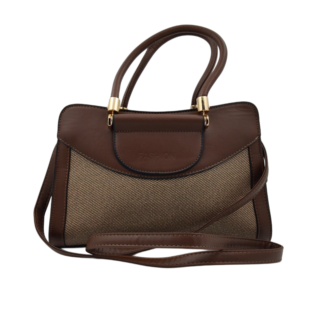 Women’s Brown & Beige Handbag – Polyurethane Textured Finish with Gold Accents & Adjustable Sling Strap
