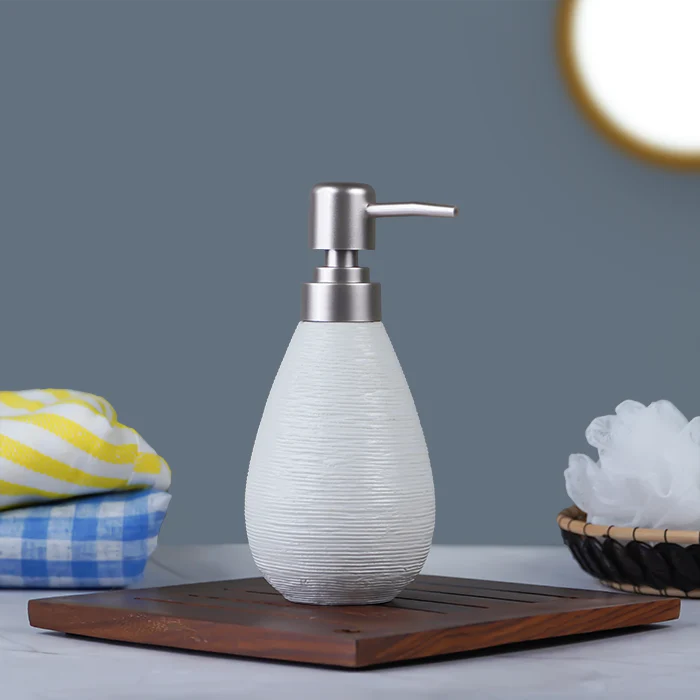 Textured Soap Dispenser with Stainless Steel Pump, Teardrop Design, Bathroom & Kitchen Liquid Soap Holder-White