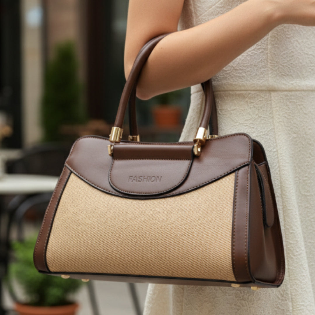 Women’s Brown & Crème Handbag – Polyurethane Textured Finish with Gold Accents & Adjustable Sling Strap