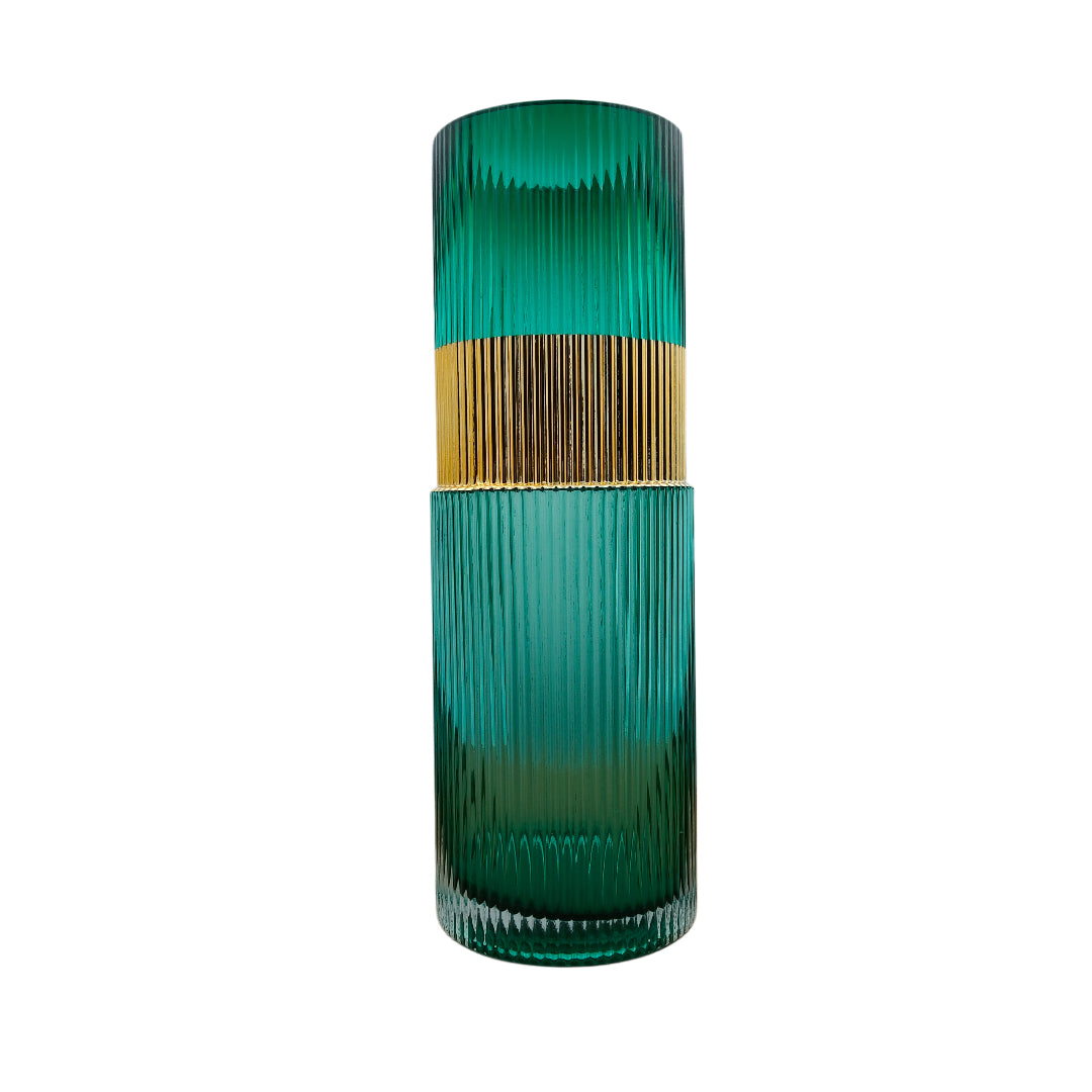 Large Turquoise Ribbed Glass Vase Set with Gold Accent