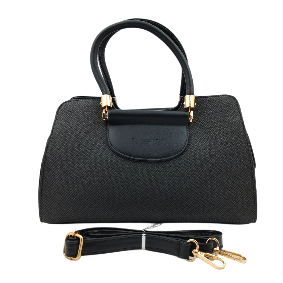 Women’s Black Textured Handbag – Polyurethane Finish with Gold Accents & Adjustable Sling Strap