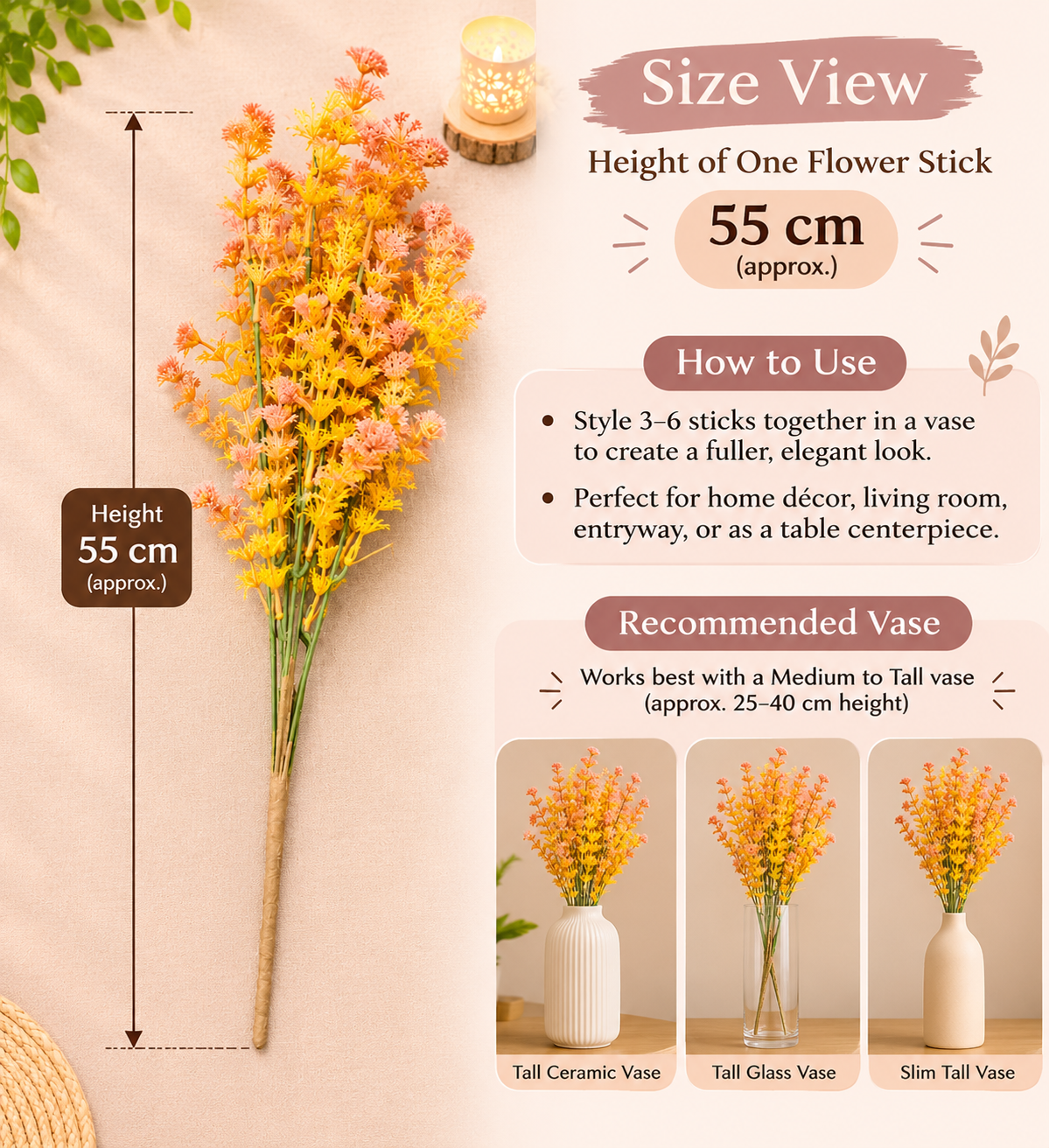 Artificial Pastel Yellow Feathery Wild Flower Sticks for Home Decor, 55 cm, Pack of 2