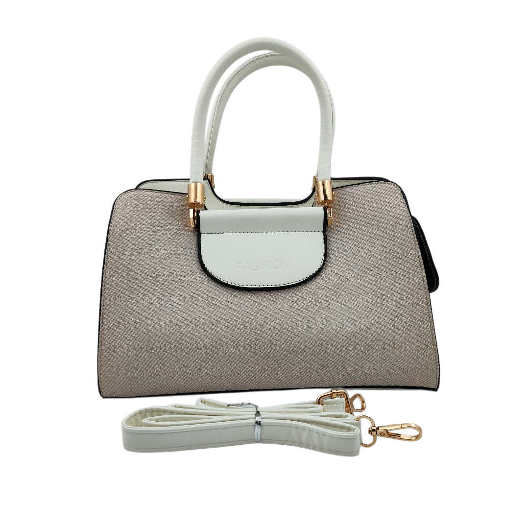 Women’s White & Beige Textured Handbag – Polyurethane Finish with Gold Accents & Adjustable Sling Strap