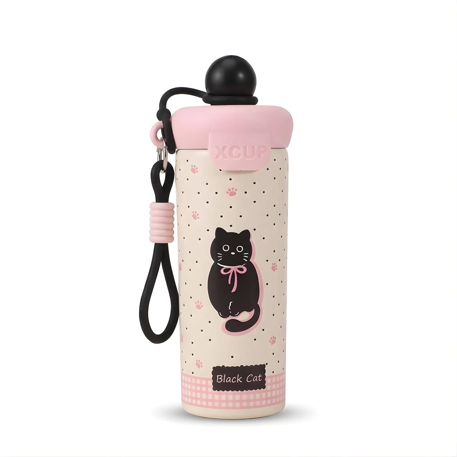 XCUP Insulated Straw Bottle with Cute Black Cat Design, Leak-Resistant Lid & Carry Loop – Stainless Steel Kids Water Bottle (450–500 ml)