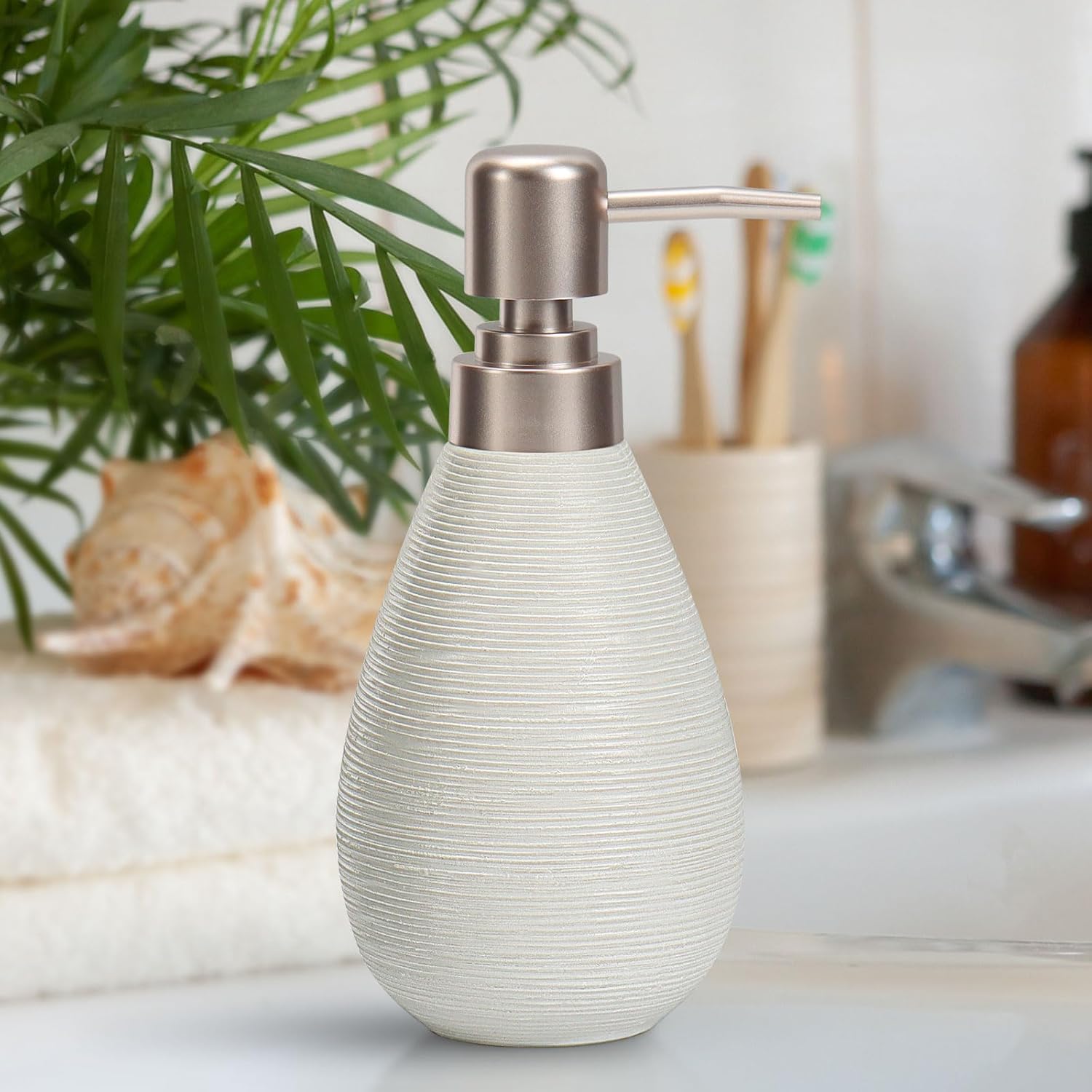 Textured Soap Dispenser with Stainless Steel Pump, Teardrop Design, Bathroom & Kitchen Liquid Soap Holder-White