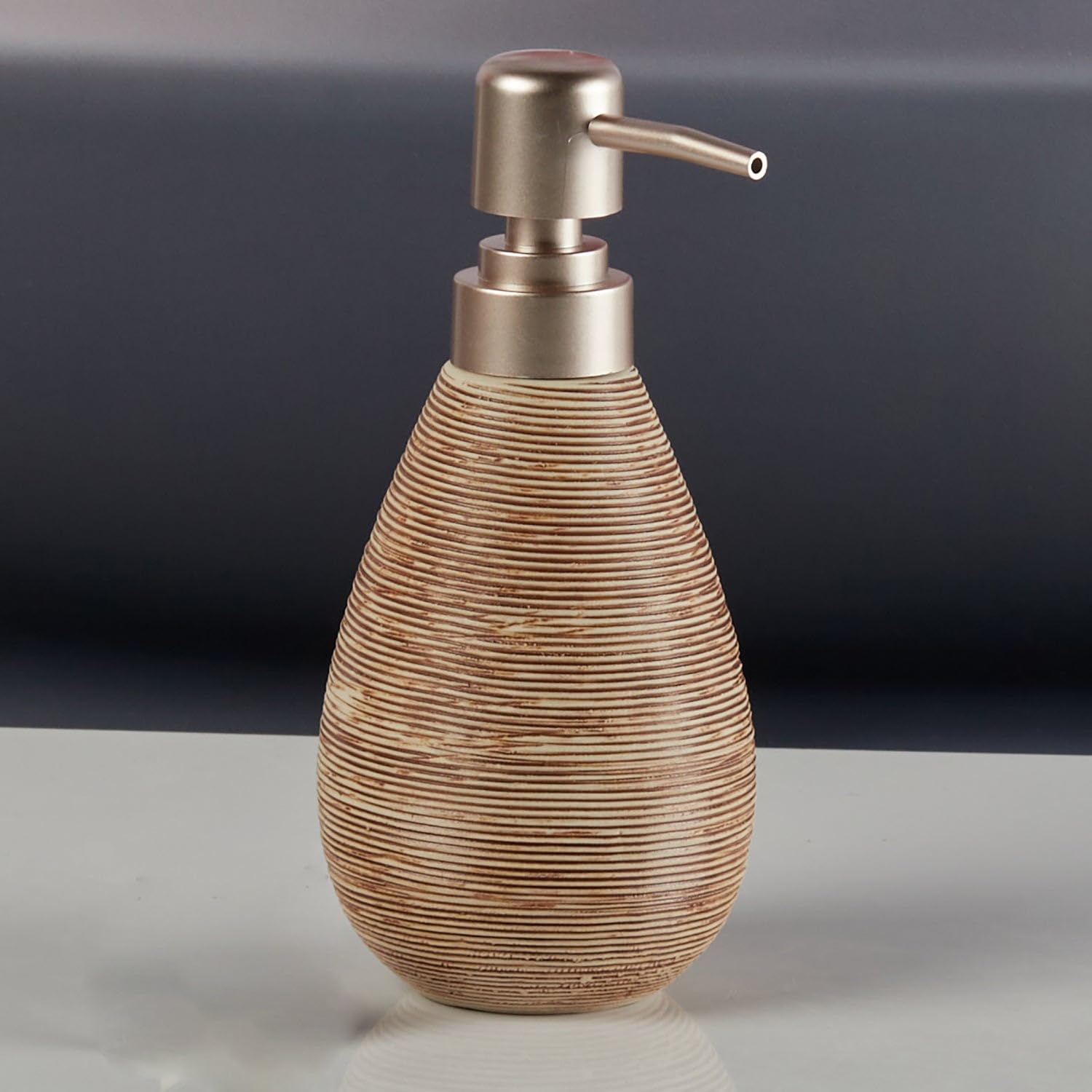 Textured Soap Dispenser with Stainless Steel Pump, Teardrop Design, Bathroom & Kitchen Liquid Soap Holder-Brown