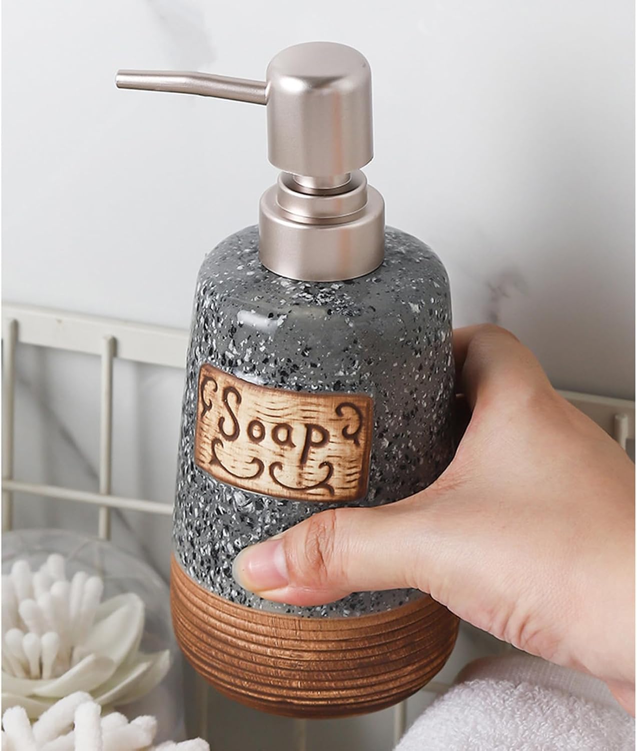 Speckled White Soap Dispenser with Textured Base & Stainless Steel Pump, Bathroom Kitchen Liquid Soap Holder
