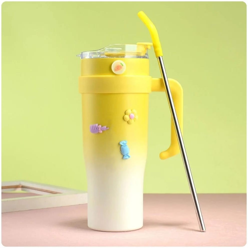 Bella N Bloom 1200ml Stainless Steel Insulated Tumbler with Handle & Straw Lid-Yellow & White