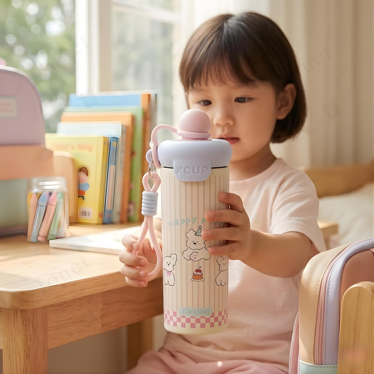 Bella N Bloom Kids Insulated Water Bottle with Straw Lid, Cute Puppy Cake Design, Leakproof, Silicone Carry Loop, 450–500 ml