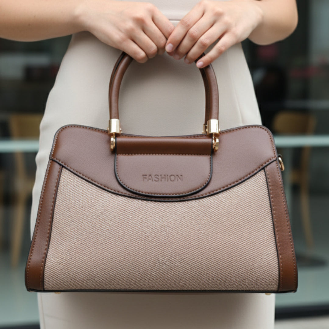 Women’s Brown & Beige Handbag – Polyurethane Textured Finish with Gold Accents & Adjustable Sling Strap
