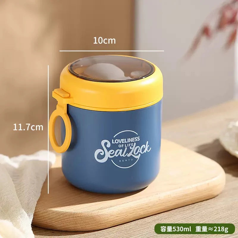 Bella N Bloom Stainless Steel Insulated Lunch Box with Spoon, Leakproof Twist Lid Food Jar, Blue & Yellow, Compact Meal Container for Office, School & Travel