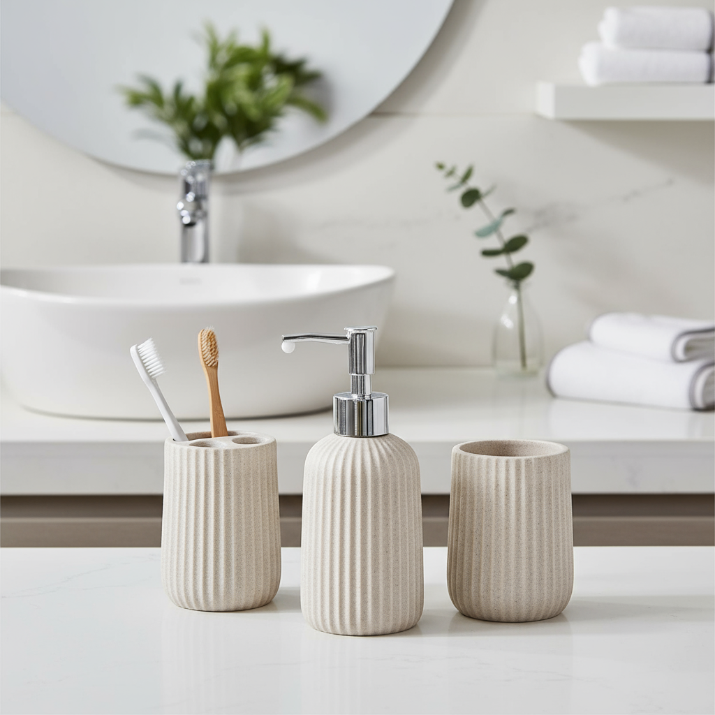 Luxury Beige Bathroom Organizer Set – 3-Piece Dispenser and Cup Collec