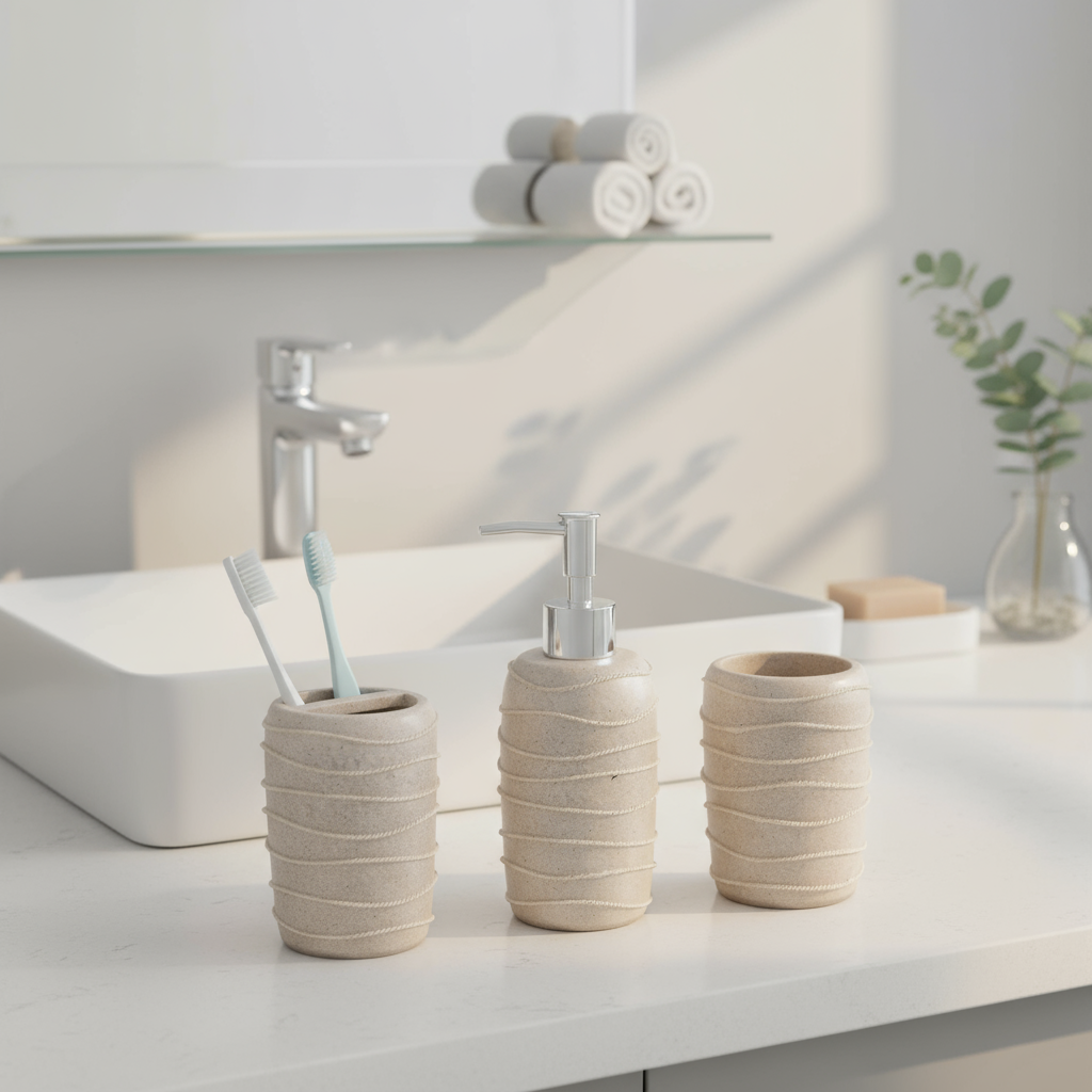 Modern Spiral Design Bathroom Accessory Set – 3-Piece Soap Dispenser, Tumbler & Toothbrush Holder
