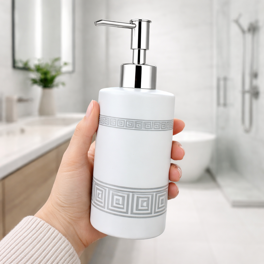Premium Geometric Glass Soap Dispenser – Matte Black with Silver Pattern & Chrome Pump-White