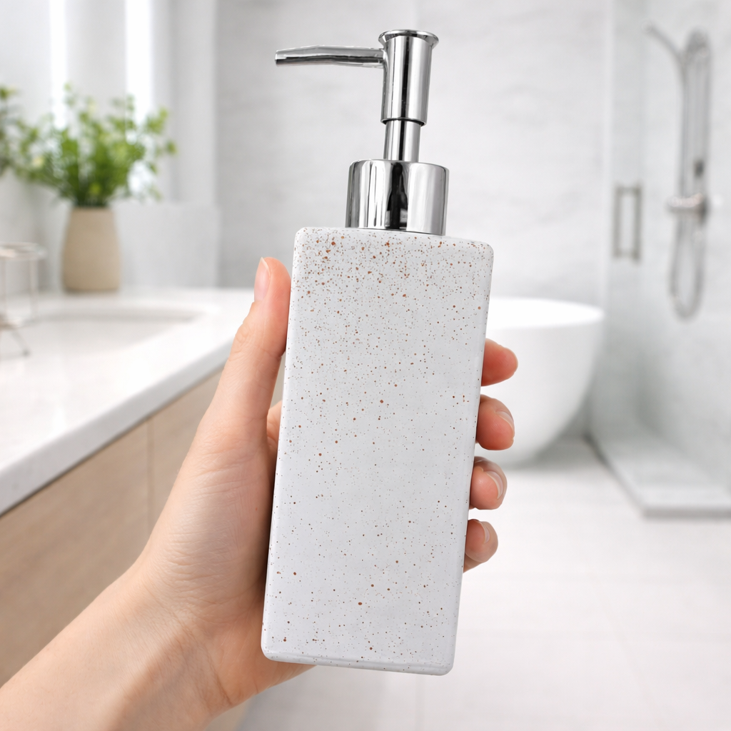 Premium Textured Glass Soap Dispenser – Modern Speckled Finish with Chrome Pump-White