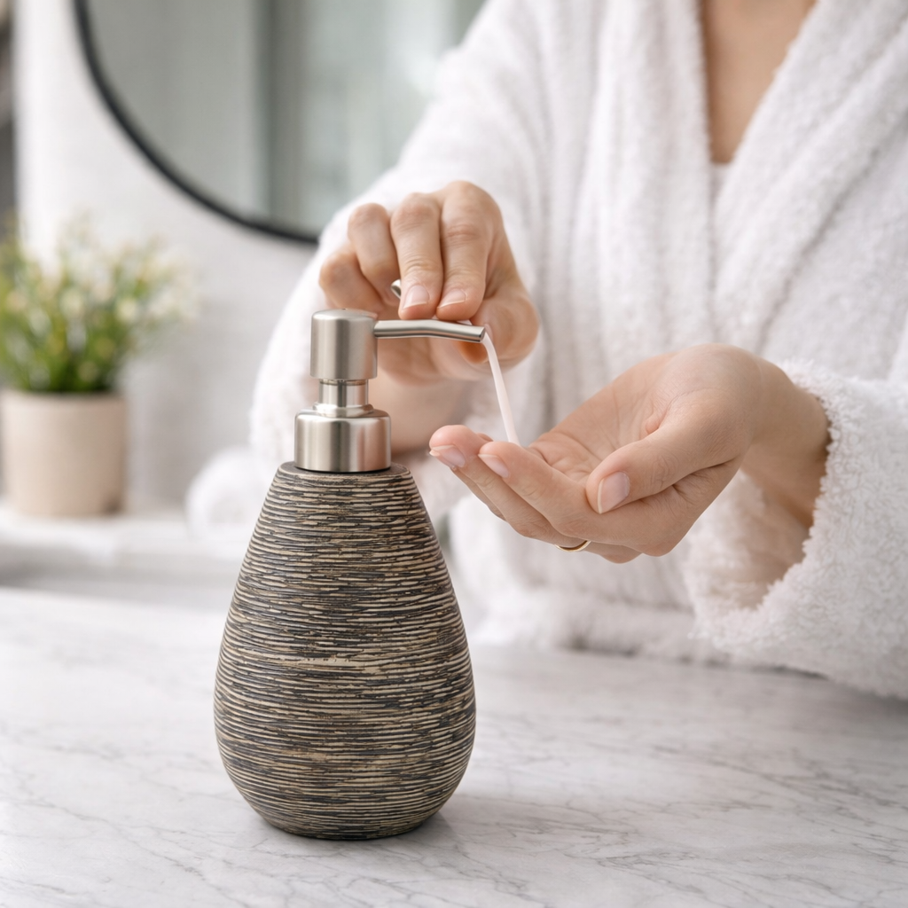 Textured Soap Dispenser with Stainless Steel Pump, Teardrop Design, Bathroom & Kitchen Liquid Soap Holder
