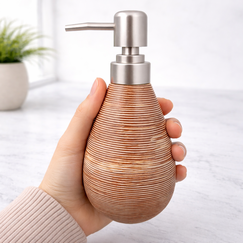 Textured Soap Dispenser with Stainless Steel Pump, Teardrop Design, Bathroom & Kitchen Liquid Soap Holder-Brown