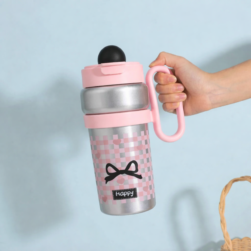 Bella N Bloom Insulated Straw Bottle with Handle, Leakproof Flip Lid, Stainless Steel Inner, Pink Bow Design, 900 ml