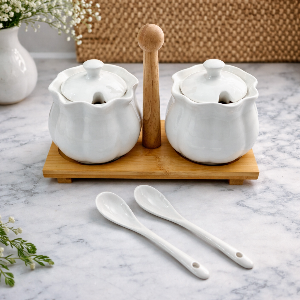 Ceramic Jar Set with Wooden Tray for Pickle & Condiments (Set of 2)
