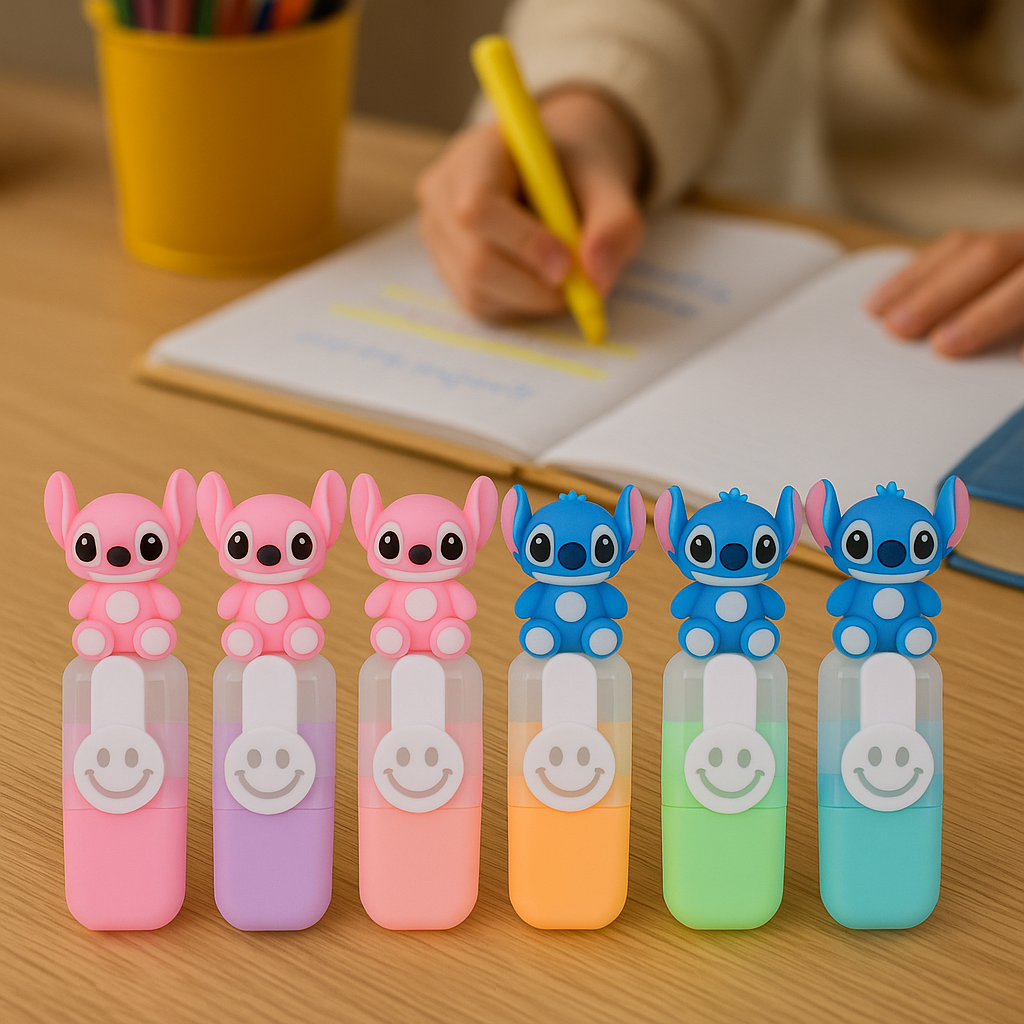 Cute Stitch Theme Highlighter Set – 6 Pcs | Pastel Mini Highlighters with Cartoon Toppers