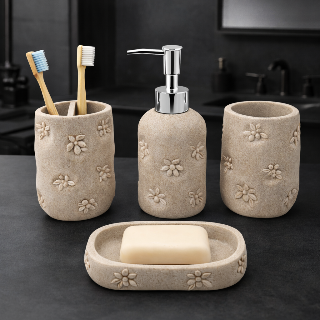 Elegant Floral-Embossed Stone-Look Bathroom Accessory Set – Soap Dispenser, Toothbrush Holder, Tumbler & Soap Holder (4-Piece Set)