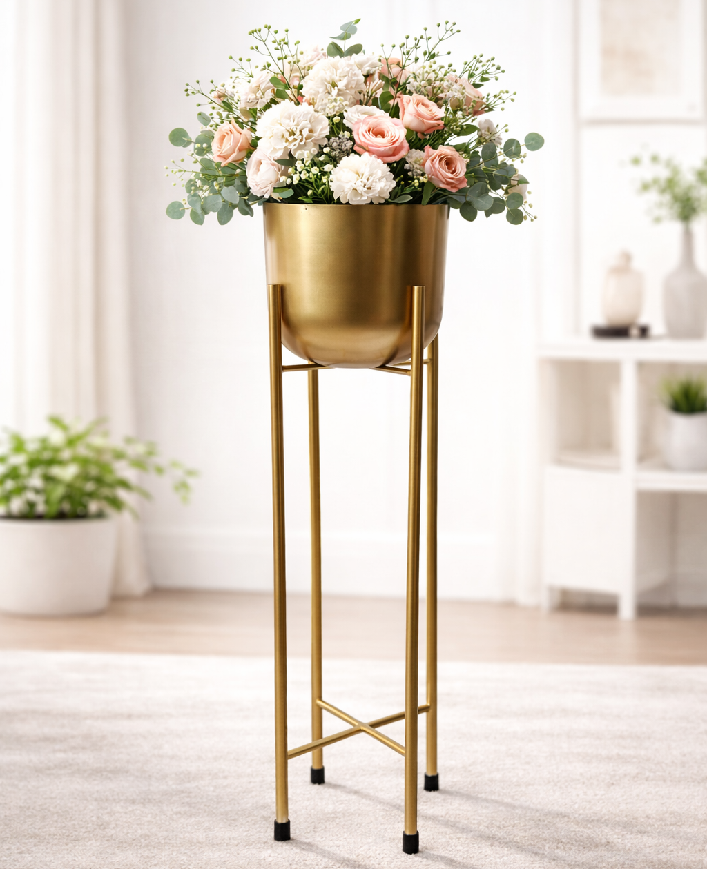 decorative metal plant pots Brass Coated Large 73 Cm Tall Floor Planter with Metal Stand, Premium