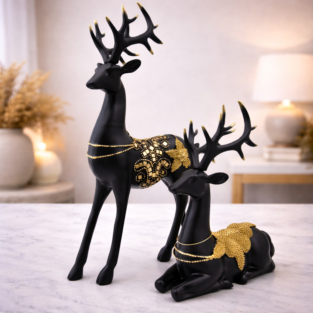 Black & Gold Deer Showpiece Set of 2 – Matte Black Polyresin Decorative Figurines