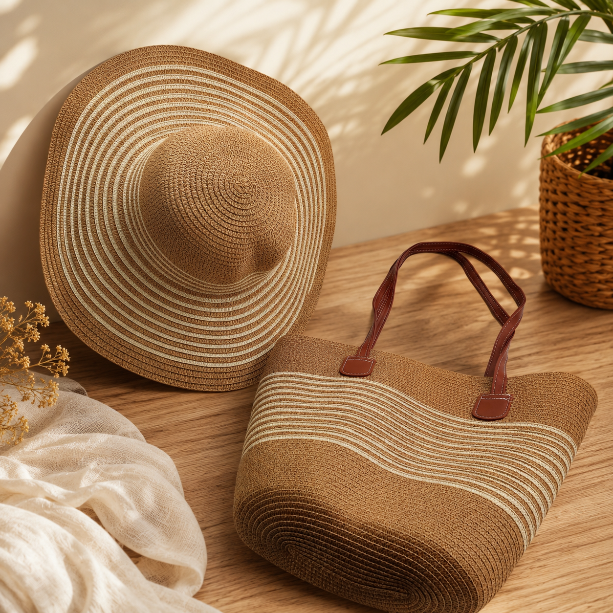 Bella N Bloom Straw Beach Hat & Tote Bag Combo Set for Women