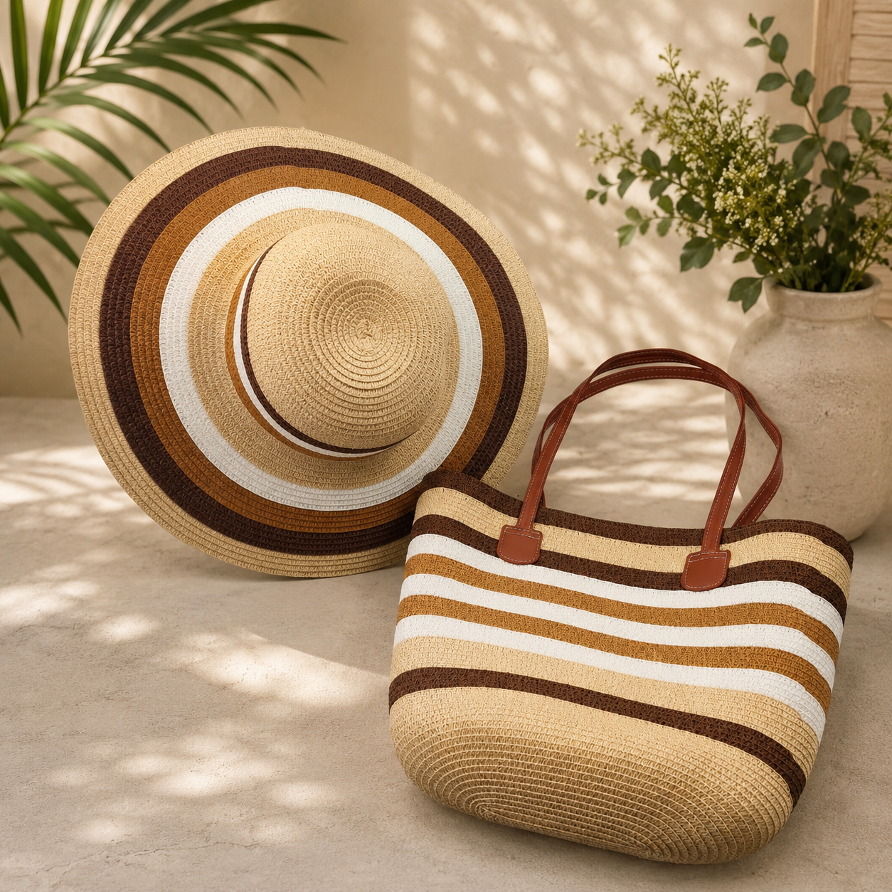 Bella N Bloom Straw Beach Hat & Tote Bag Combo Set for Women