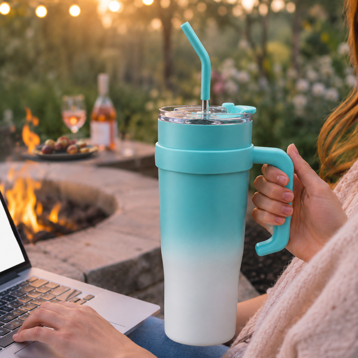 Bella N Bloom 1200ml Stainless Steel Insulated Tumbler with Handle & Straw Lid (Aqua Blue)