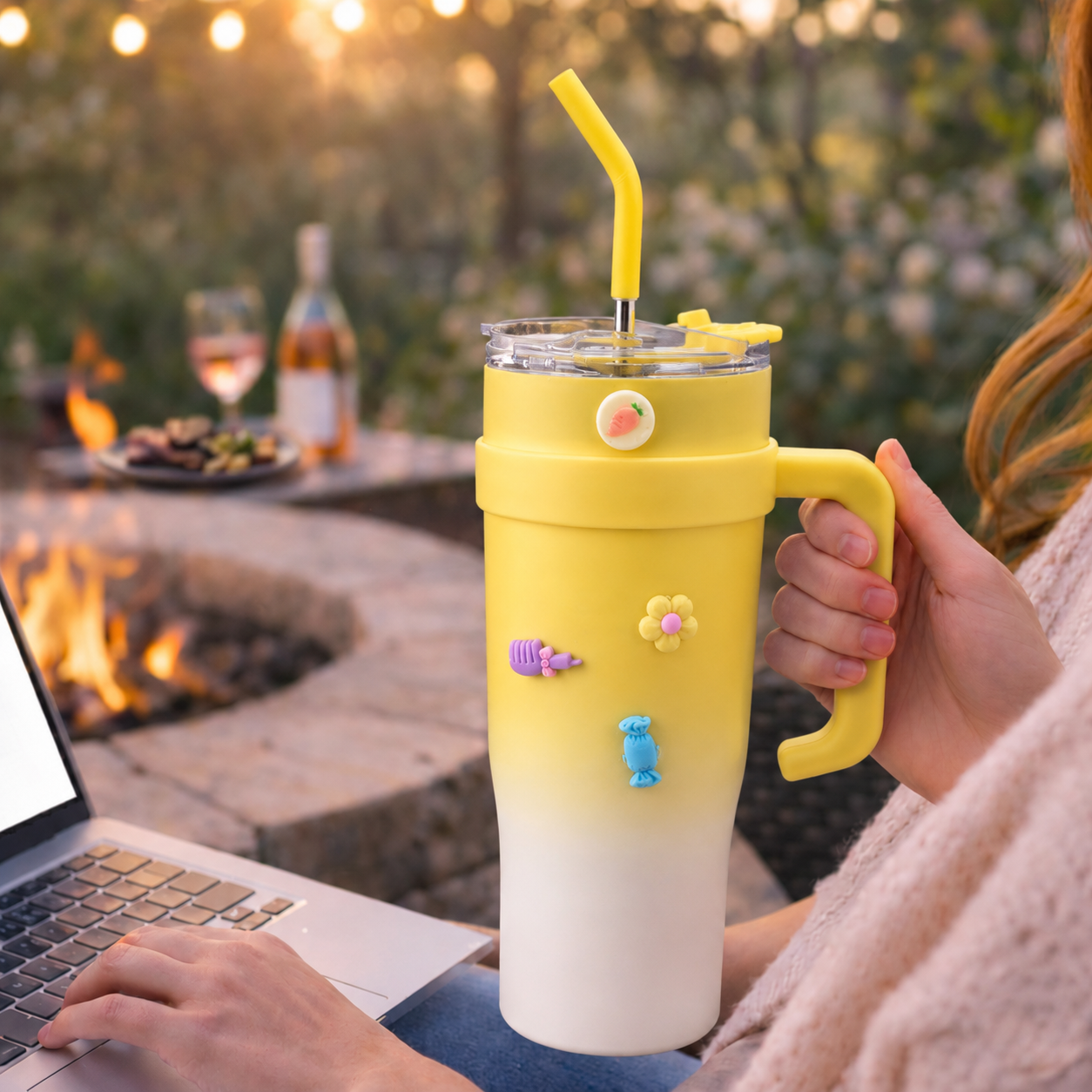 Bella N Bloom 1200ml Stainless Steel Insulated Tumbler with Handle & Straw Lid-Yellow & White