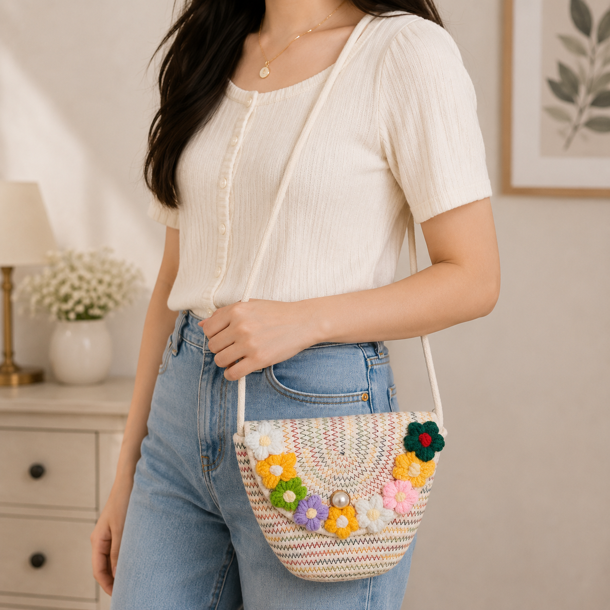 Mini Tote Bag (White Multi Thread)