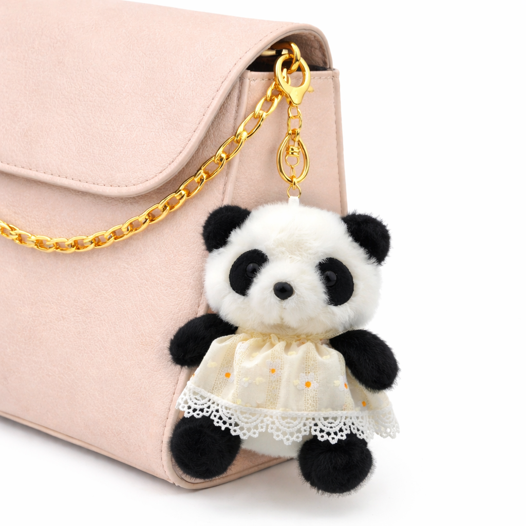 Bella N Bloom Cute Panda Plush Keychain with Dress & Gold Clip