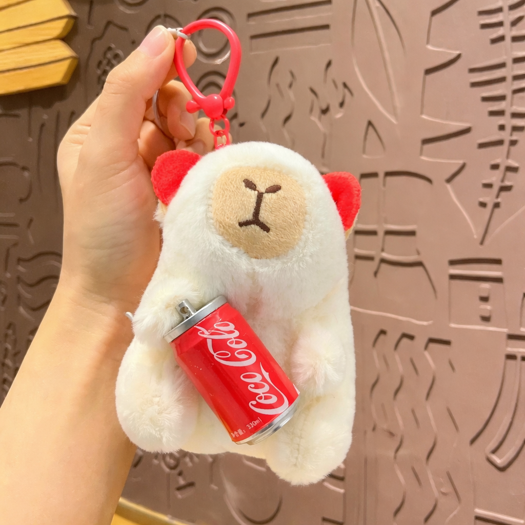 Capybara Plush Keychain with Cola Bottle & Red Clip – Kawaii Bag/Car Hanging Charm