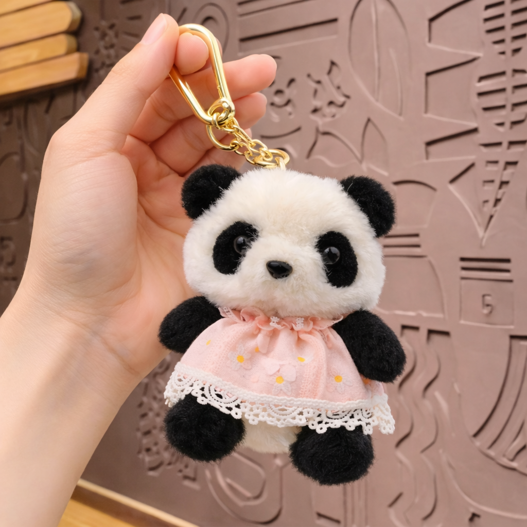 Bella N Bloom Cute Panda Plush Keychain with Dress & Gold Clip