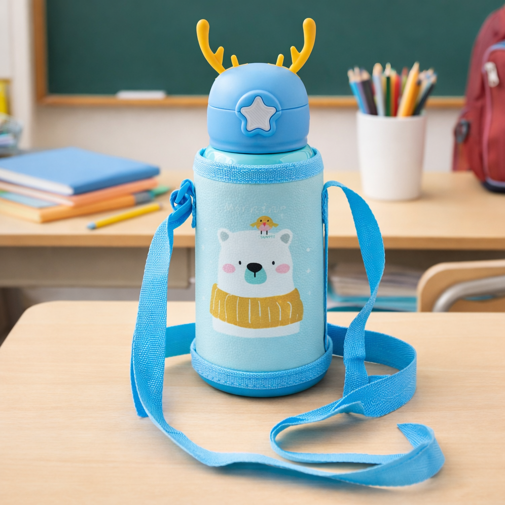 Kids Insulated(SS 304) Water Bottle with Straw Lid, Cute Bear Design, Leakproof, Strap & Carry Sleeve, 20 cm