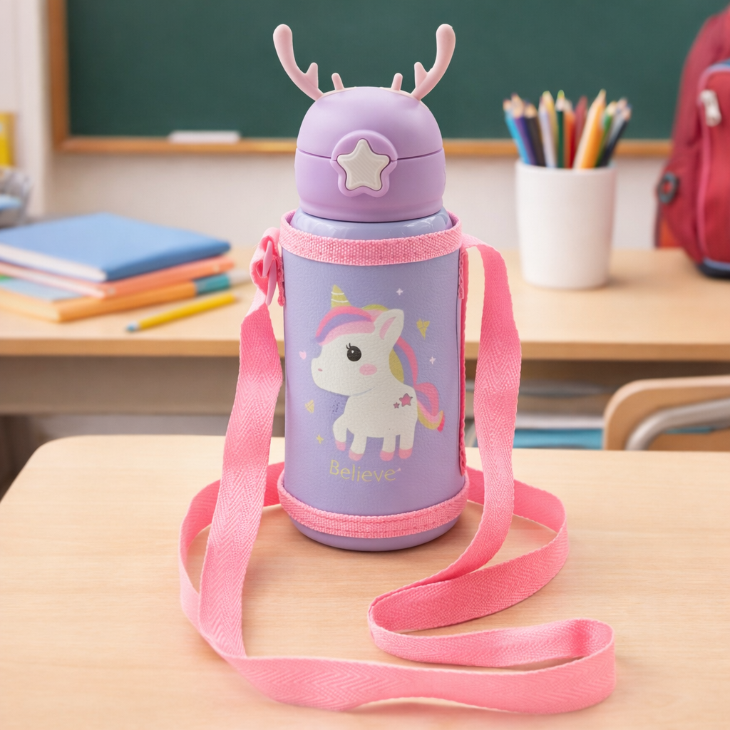 Kids Insulated(SS 304) Water Bottle with Straw Lid, Cute Bear Design, Leakproof, Strap & Carry Sleeve