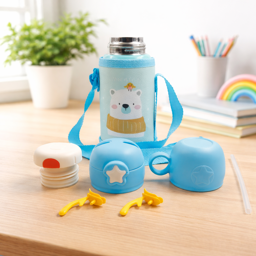 Kids Insulated(SS 304) Water Bottle with Straw Lid, Cute Bear Design, Leakproof, Strap & Carry Sleeve, 20 cm