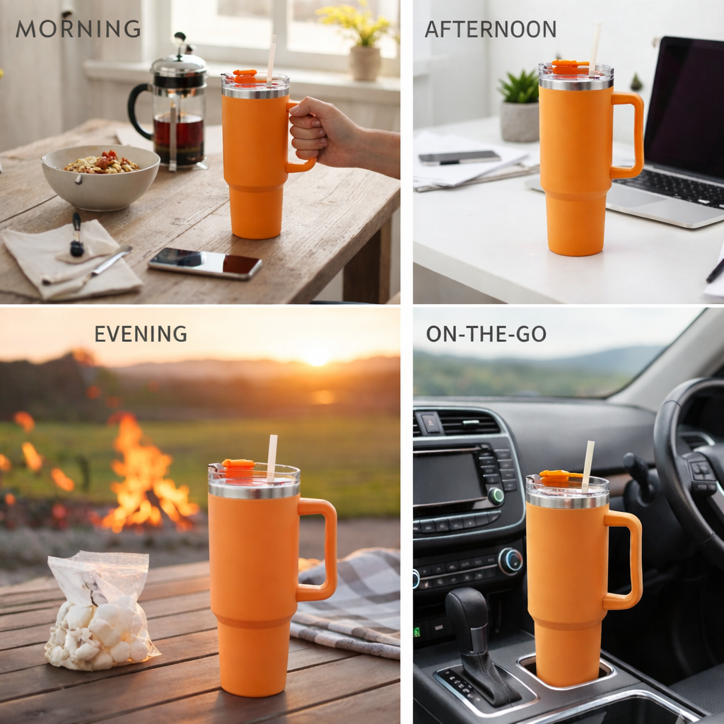 Bella N Bloom Stainless Steel Insulated Tumbler with Handle & Straw Lid – 1200ml Large Capacity Travel Mug (Orange)