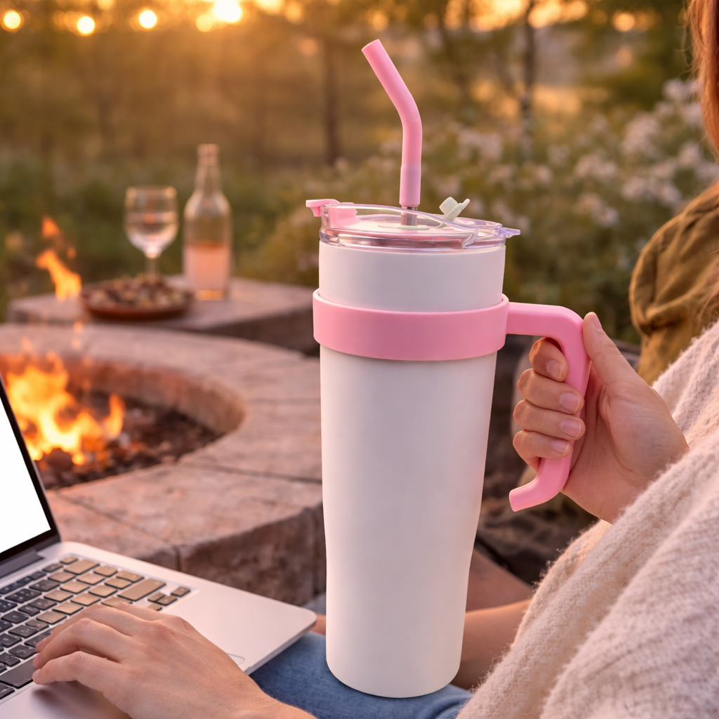 Bella N Bloom 1200ml Stainless Steel Insulated Tumbler with Handle & Straw Lid (Pink)