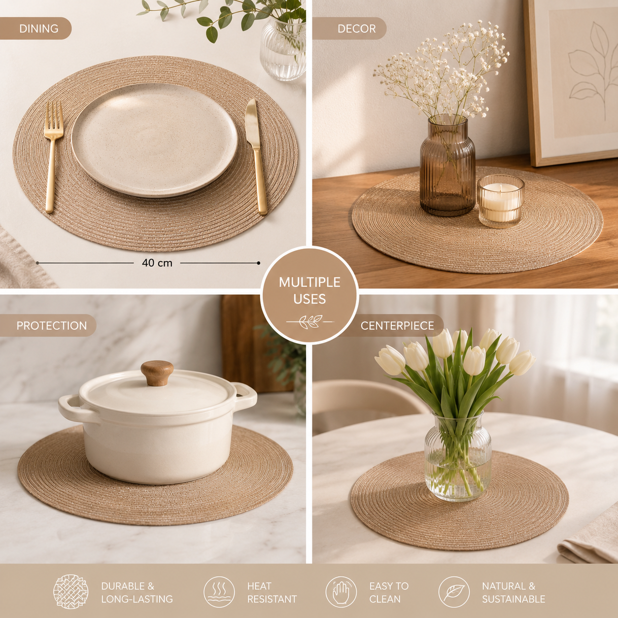 Bella N Bloom Round Table Mats Set of 2 – Premium PVC Woven Heat Resistant Dining Mats