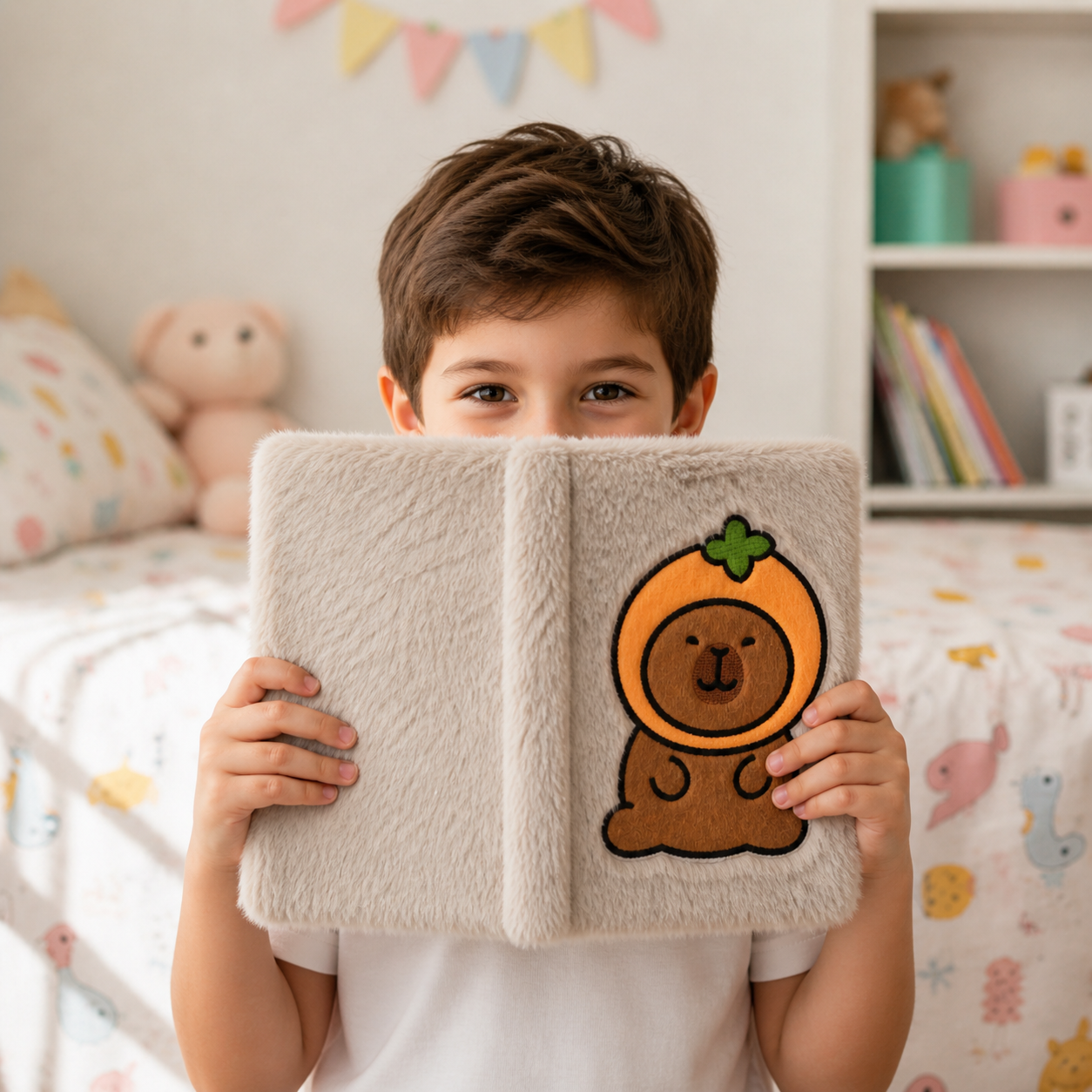 Cute Plush Bear Carrot Cap Furry Diary for Kids – Beige (85 Pages)