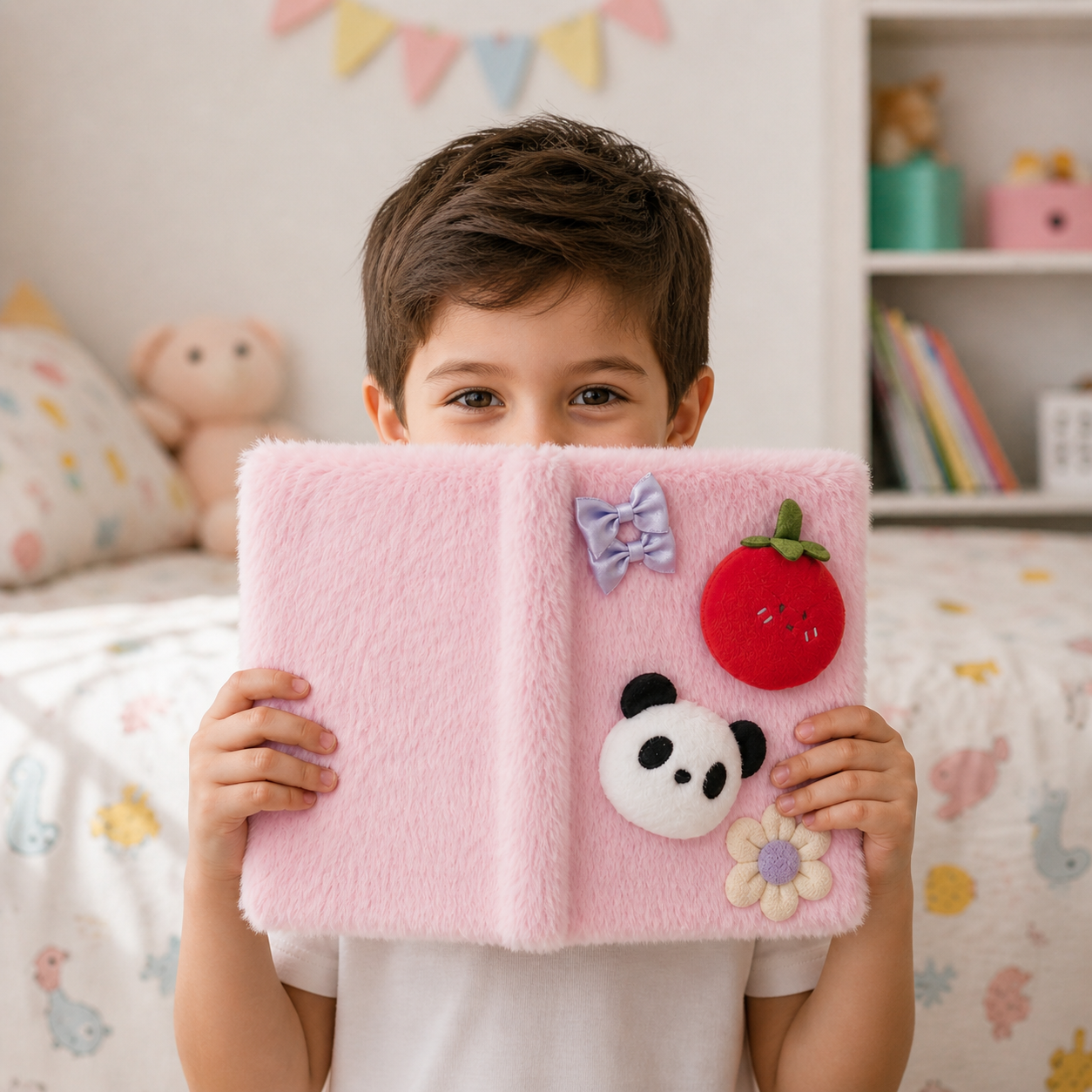 Cute Plush Panda Strawberry Furry Diary for Kids – Pink (85 Pages)