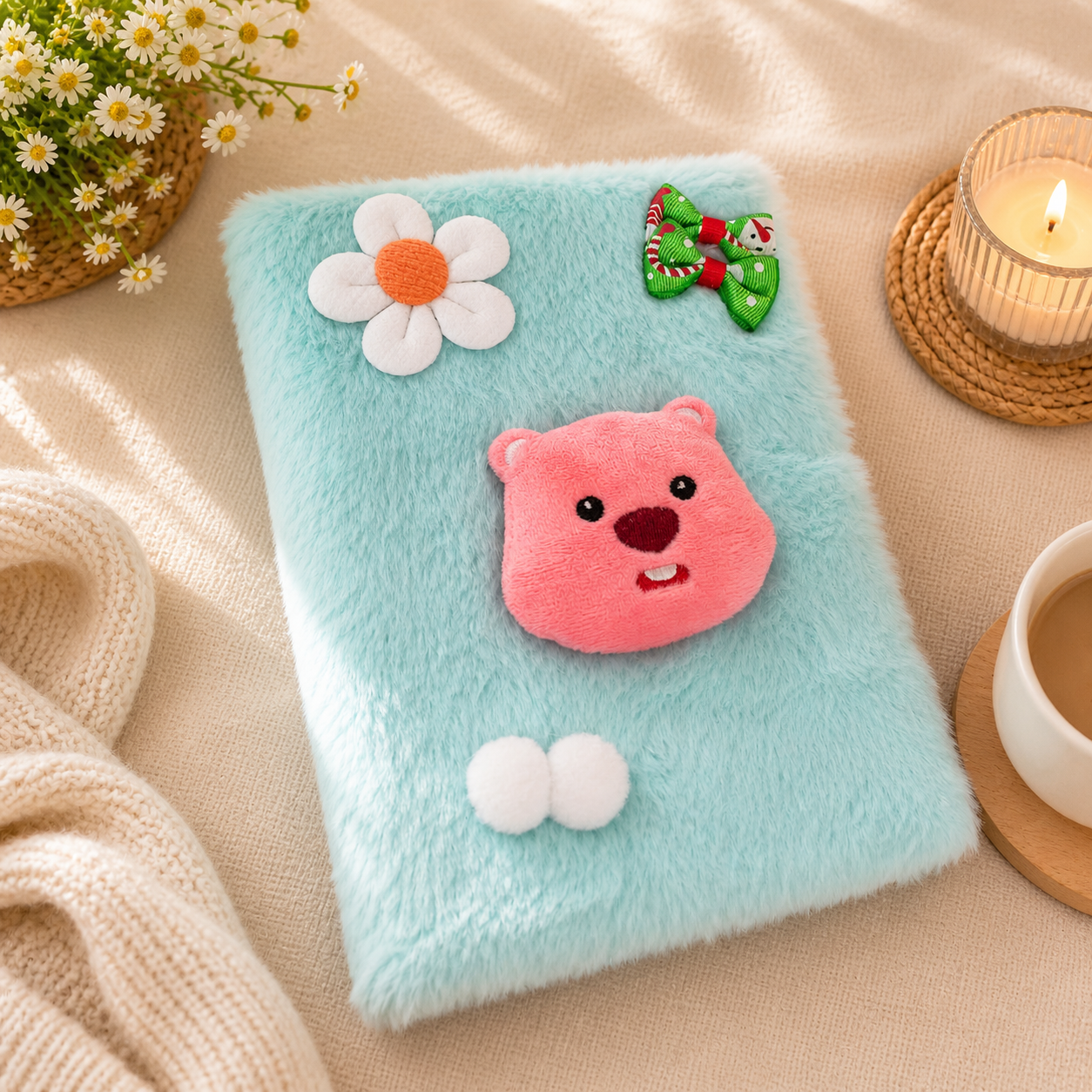 Cute Plush Bear Daisy Furry Diary for Kids – Mint Green (85 Pages)