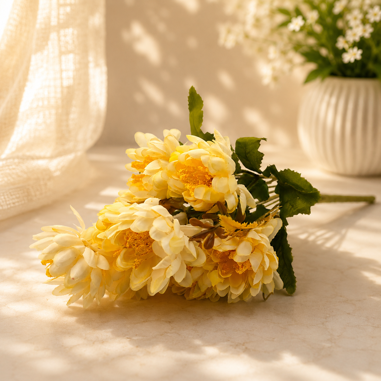 Artificial Small Pack of 2 Peony Flower Bunch for Home Décor – Light Yellow