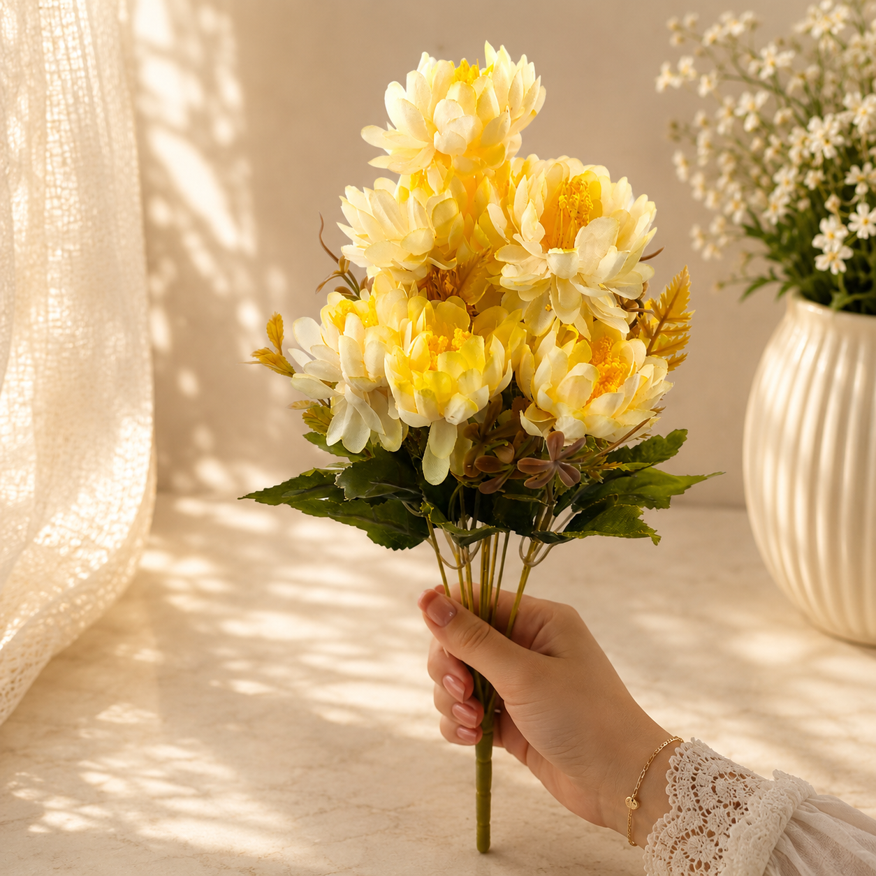 Artificial Small Peony Flower Bunch for Home Décor – Light Yellow