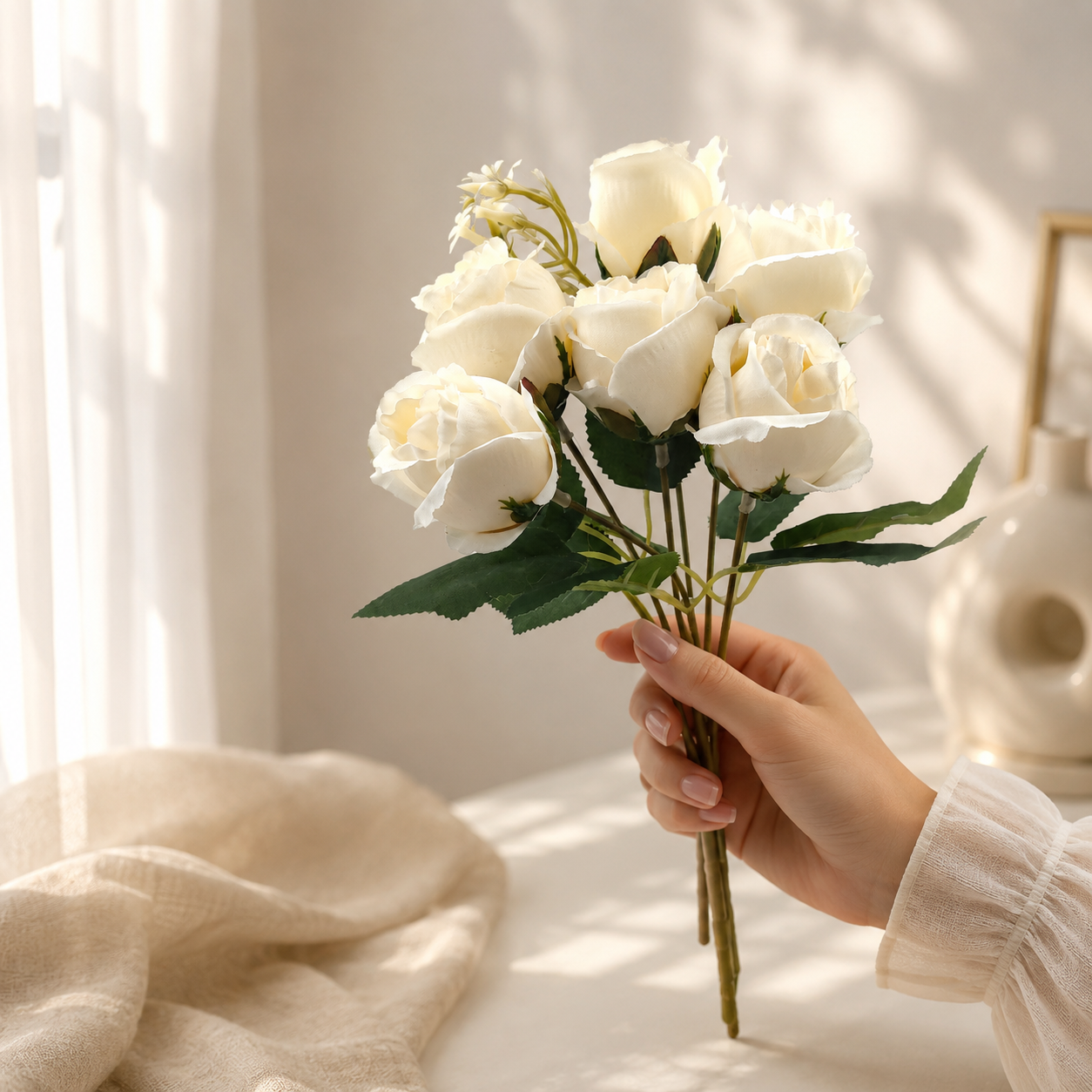 Artificial Small Rose Flower Bunch for Home Décor – Ivory White (Pack of 2)
