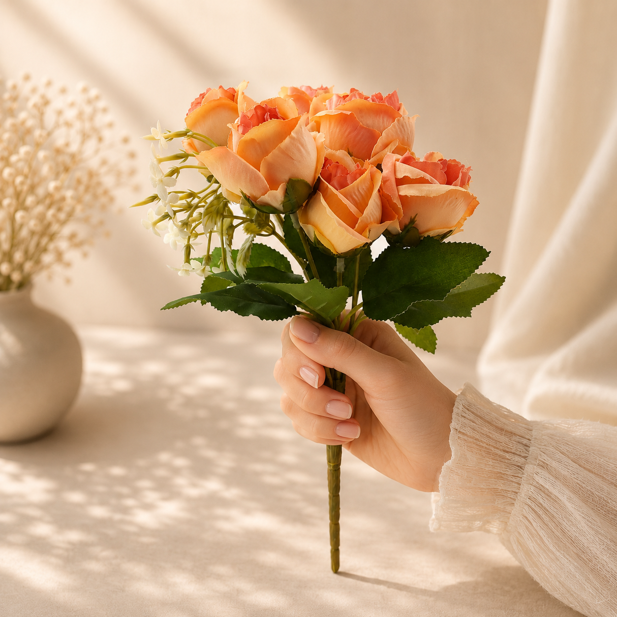 Artificial Small Rose Flower Bunch for Home Décor – Light Orange