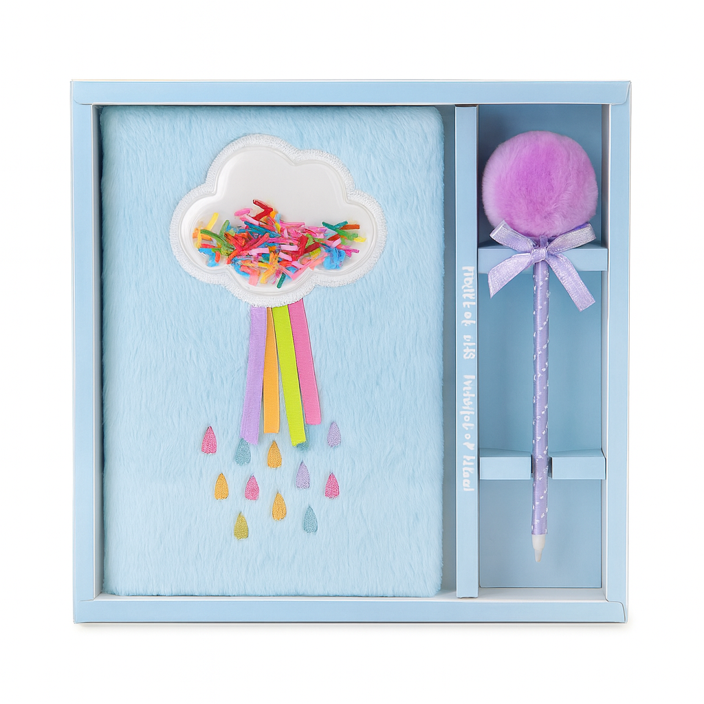 Cute Rainbow Cloud Plush Diary with Pen Set – Sky Blue